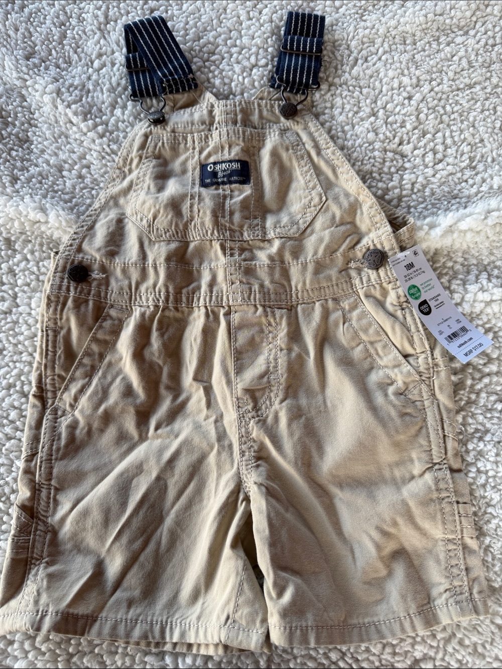 OshKosh B'gosh Tan Short Overalls with Navy Striped Straps